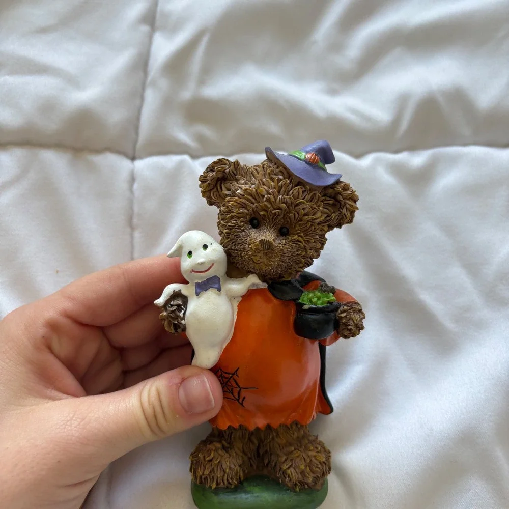 Halloween Teddy Bear Figurine Pumpkin Costume Ghost Witch Hat Cauldron 5 In VTG